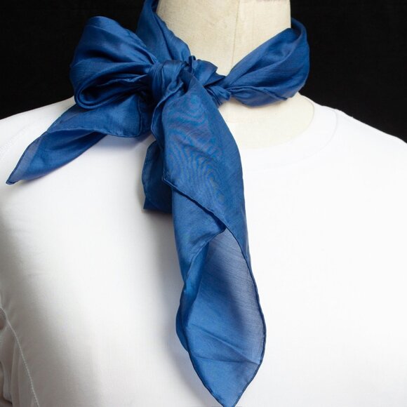 100% Pure Silk Hand Rolled Semi-Sheer Solid Blue Scarf  32 In X 32 In - Picture 1 of 8